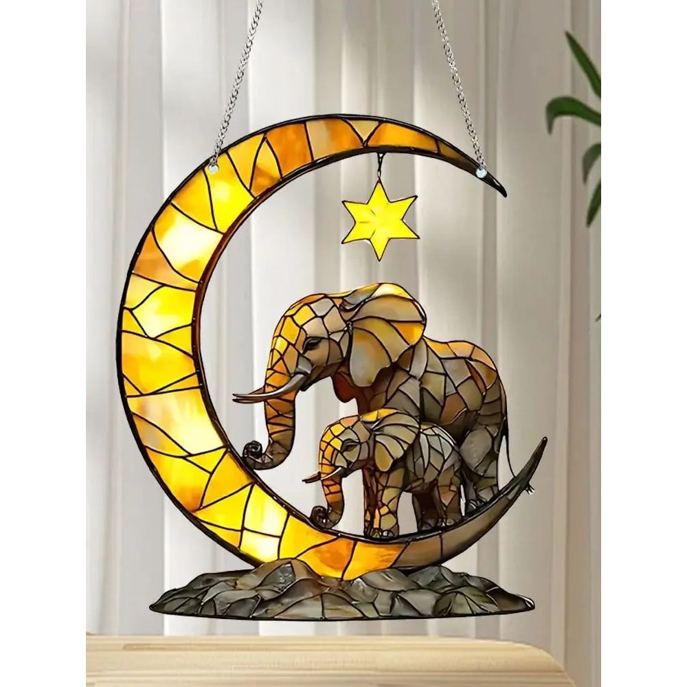 Elephant Family Moon Hanging Decor Charming Window Pendant For Garden Bedroom Home Decoration 1