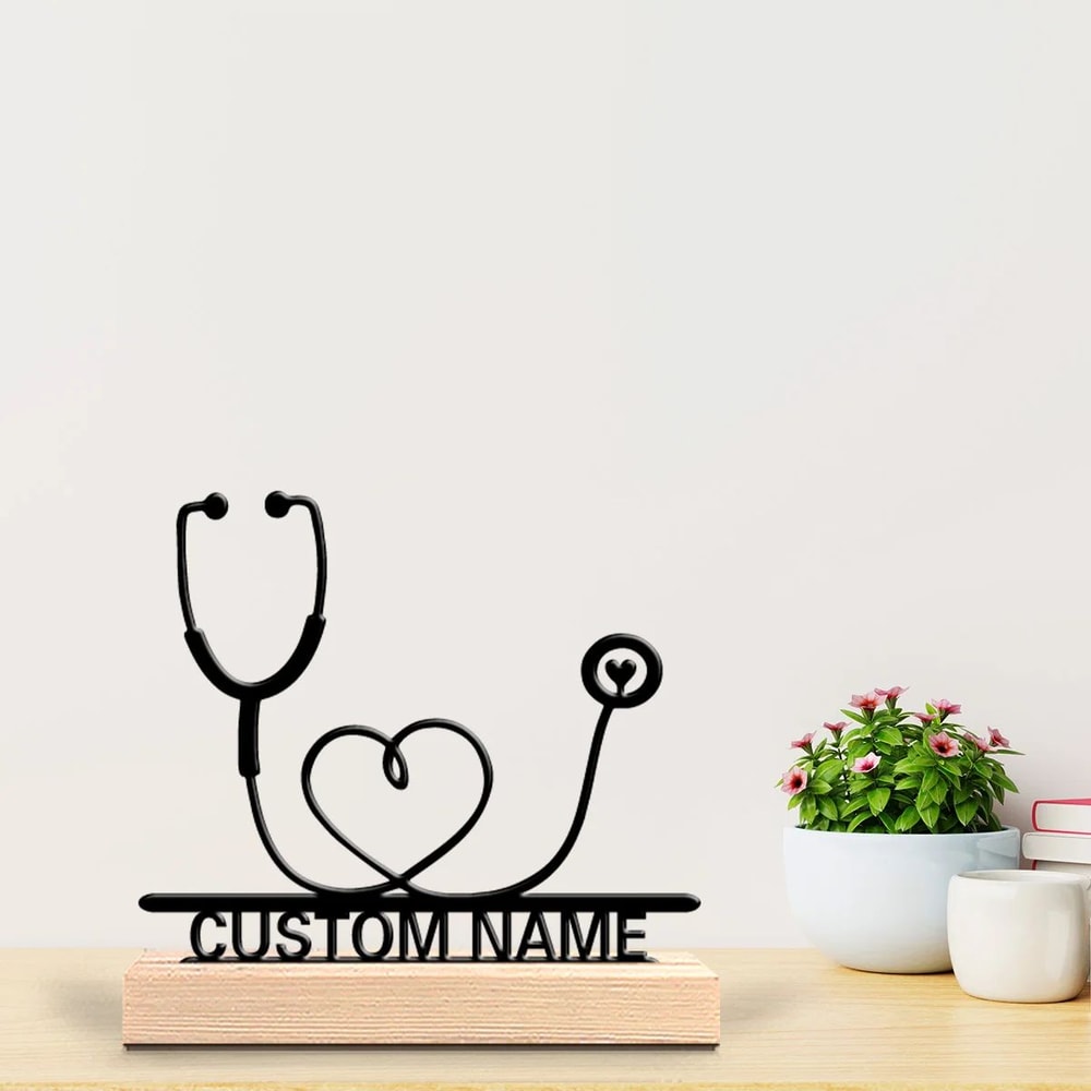 Personalized Stethoscope Metal Sculpture Custom Doctor Gift With Wooden Base Desk Decor 1