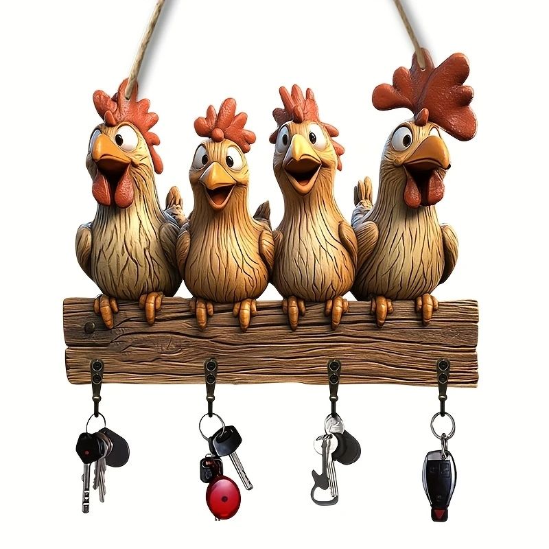 Rustic Hen Wooden Key Holder 2D WallMounted Key Hanger With Hooks For Farmhouse Home Decor 6