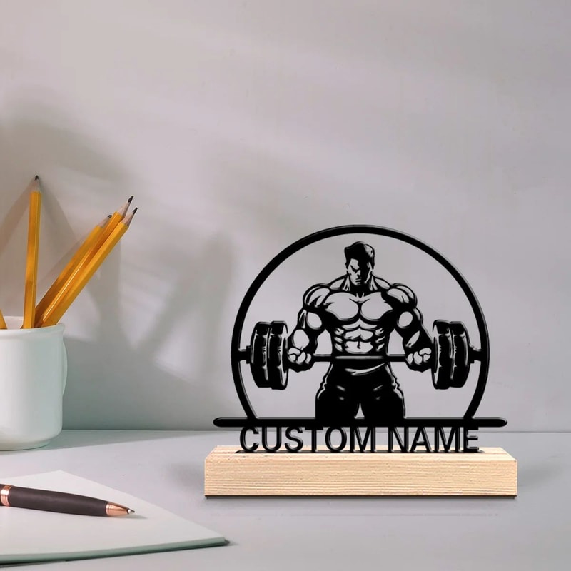 Custom Weightlifting Metal Art Sculpture With Wooden Base Personalized Gym Tabletop Decor Gift 1