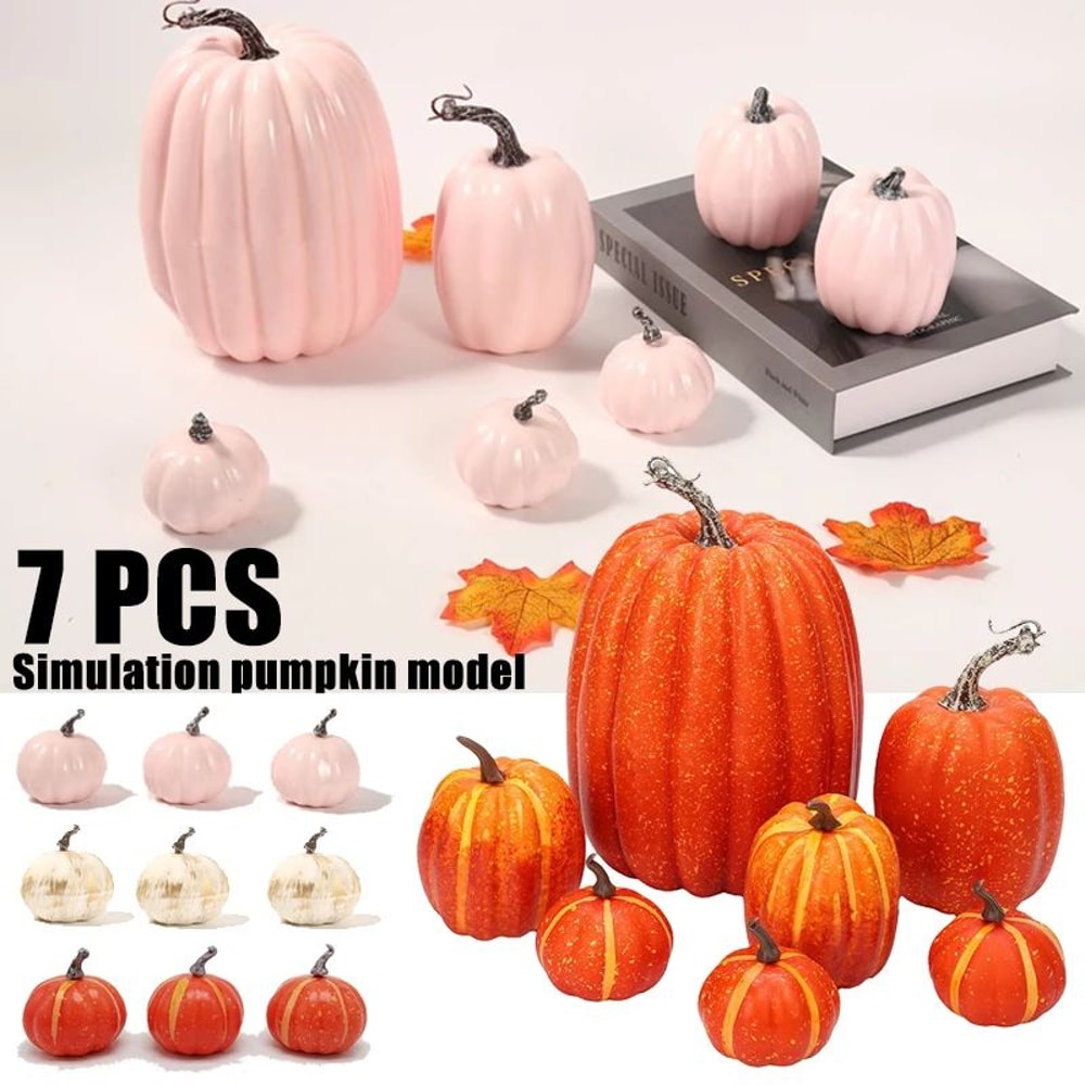 7pcs Artificial Pumpkin Decor Set Realistic Faux Harvest Pumpkins For Halloween Autumn Crafts 0