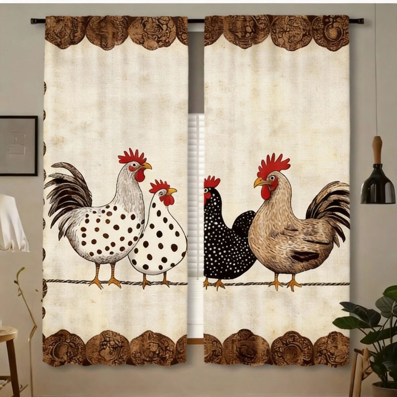 Retro Polka Dot Chicken Cafe Curtains 2pcs Farmhouse Kitchen Window Drapes LightFiltering 0