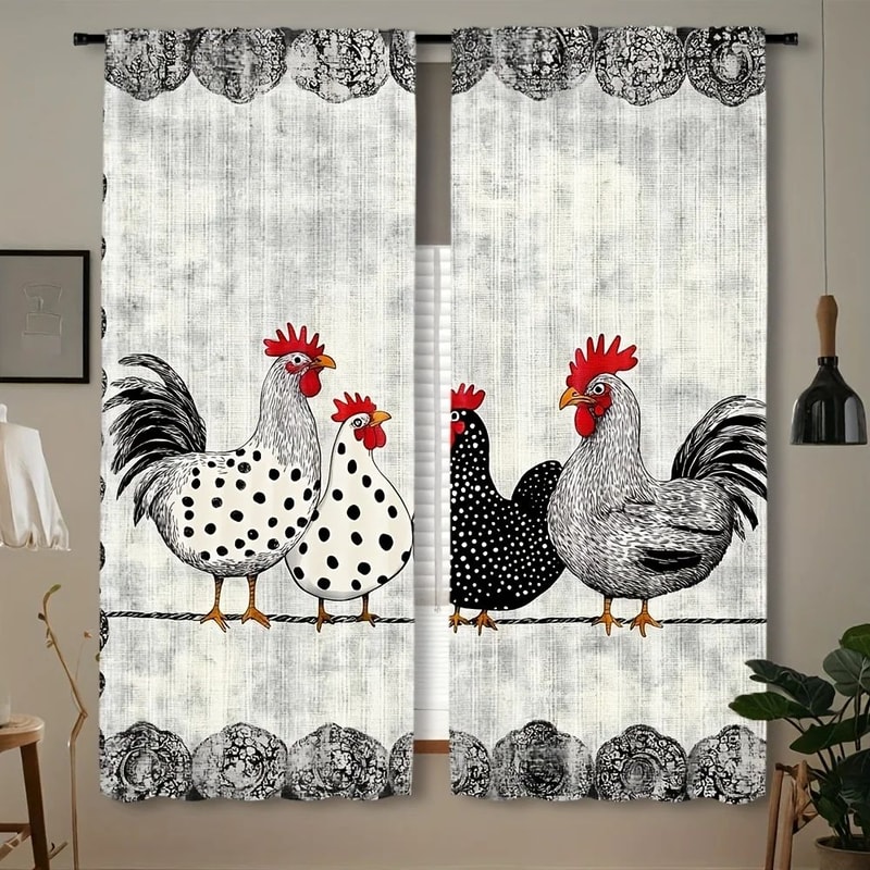 Retro Polka Dot Chicken Cafe Curtains 2pcs Farmhouse Kitchen Window Drapes LightFiltering 10