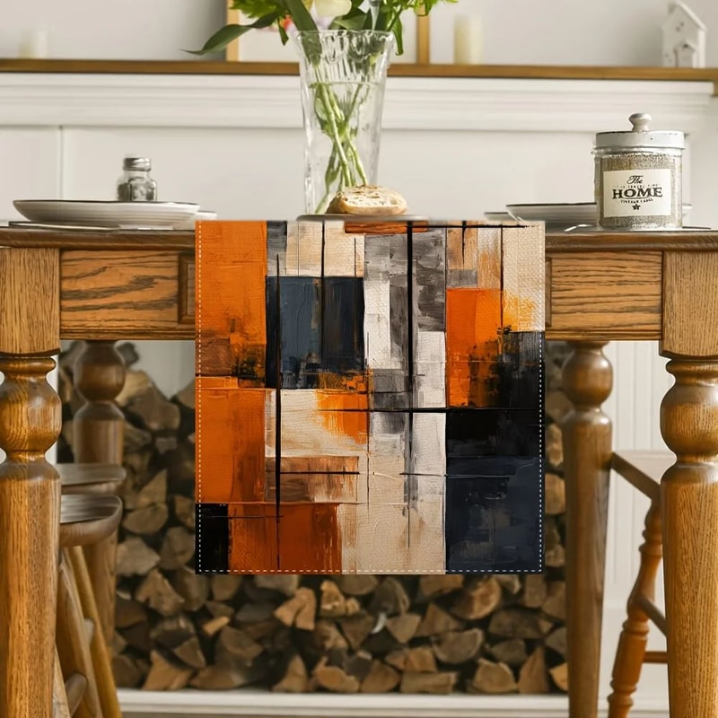 Watercolor Abstract Stripe Table Runner Orange Black Linen Decor For Holiday Dining Tables 1