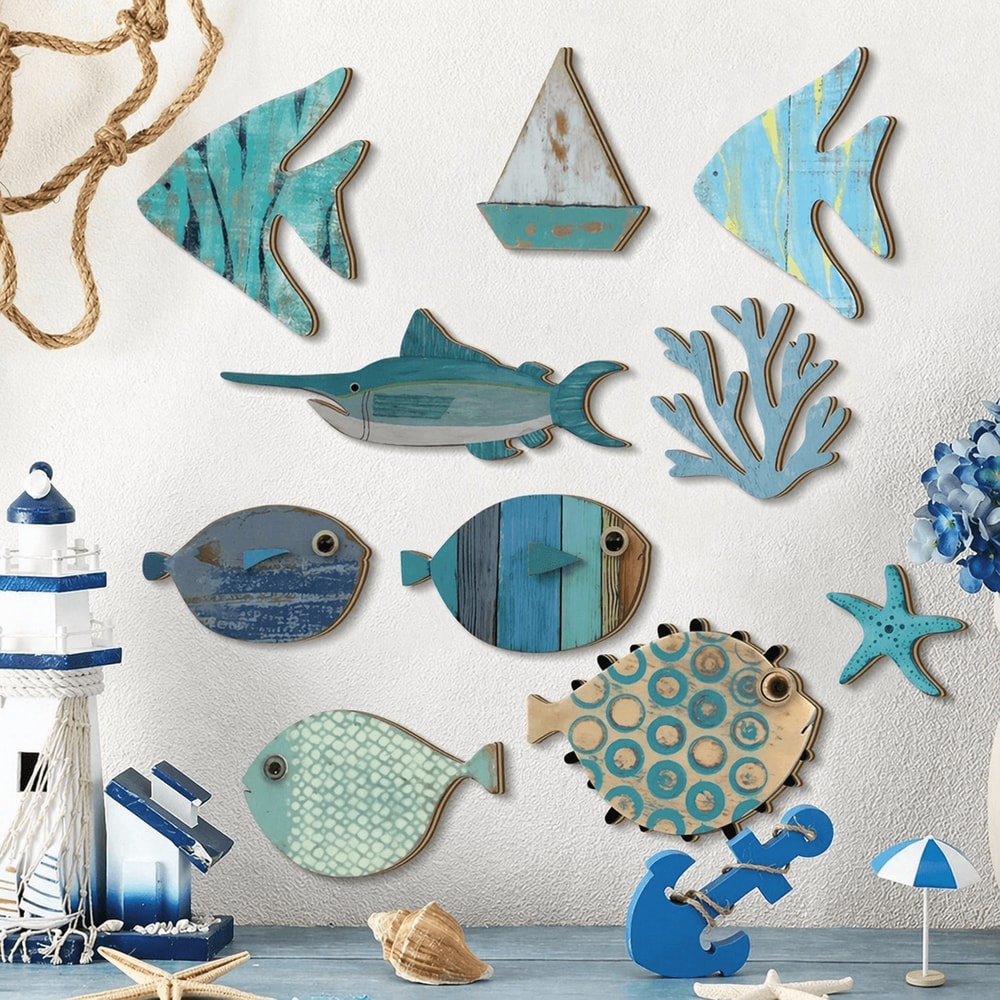 10pcs Wooden Fish Wall Decor Set Coastal Beach Nautical Hanging Art For Bathroom Home 0