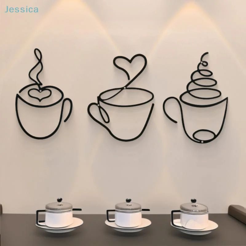 Black Metal Coffee Cup Wall Art Modern Iron Coffee Bar Decor For Kitchen Cafe 1