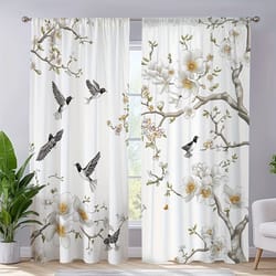 2pcs floral bird print curtains – modern polyester window drapes for living room & bedroom