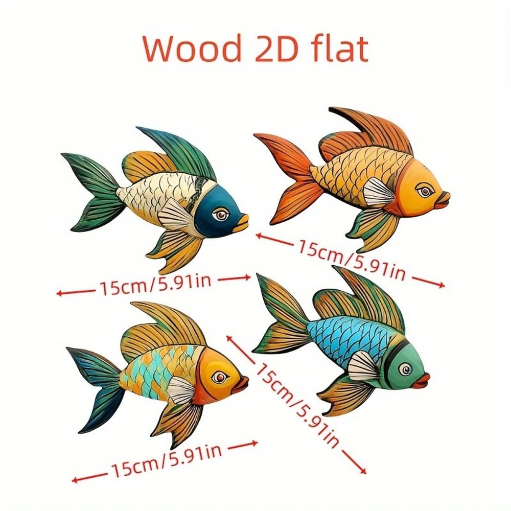 4pcs Tropical Fish Wooden Wall Art Rustic Nautical 2D Hanging Decor For Coastal Home Styling 4