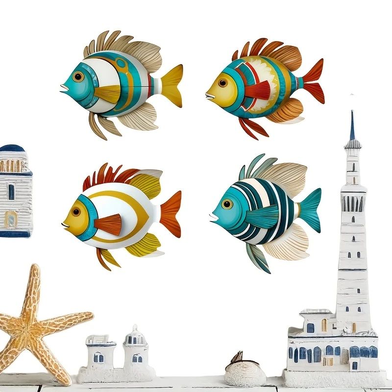 4pcs Tropical Fish Wooden Wall Art Rustic Nautical 2D Hanging Decor For Coastal Home Styling 8