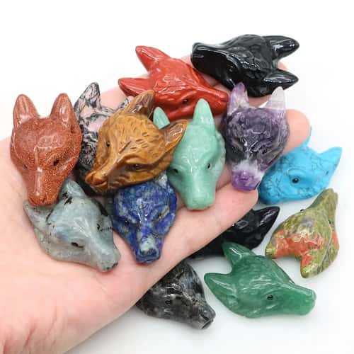 1.5in Wolf Head Crystal Pendant – Hand Carved Natural Healing Stone Necklace Charm