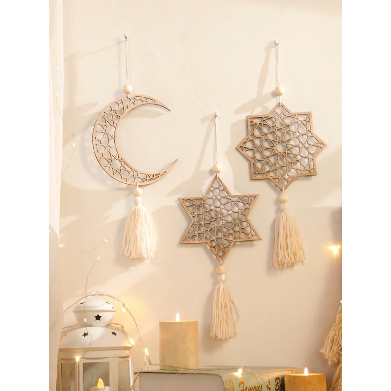 Wooden Ramadan Hanging Ornaments With Tassels Eid Mubarak Moon Decor For Islamic Home Gifts 3