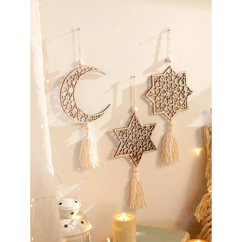Wooden Ramadan Hanging Ornaments With Tassels Eid Mubarak Moon Decor For Islamic Home Gifts 4
