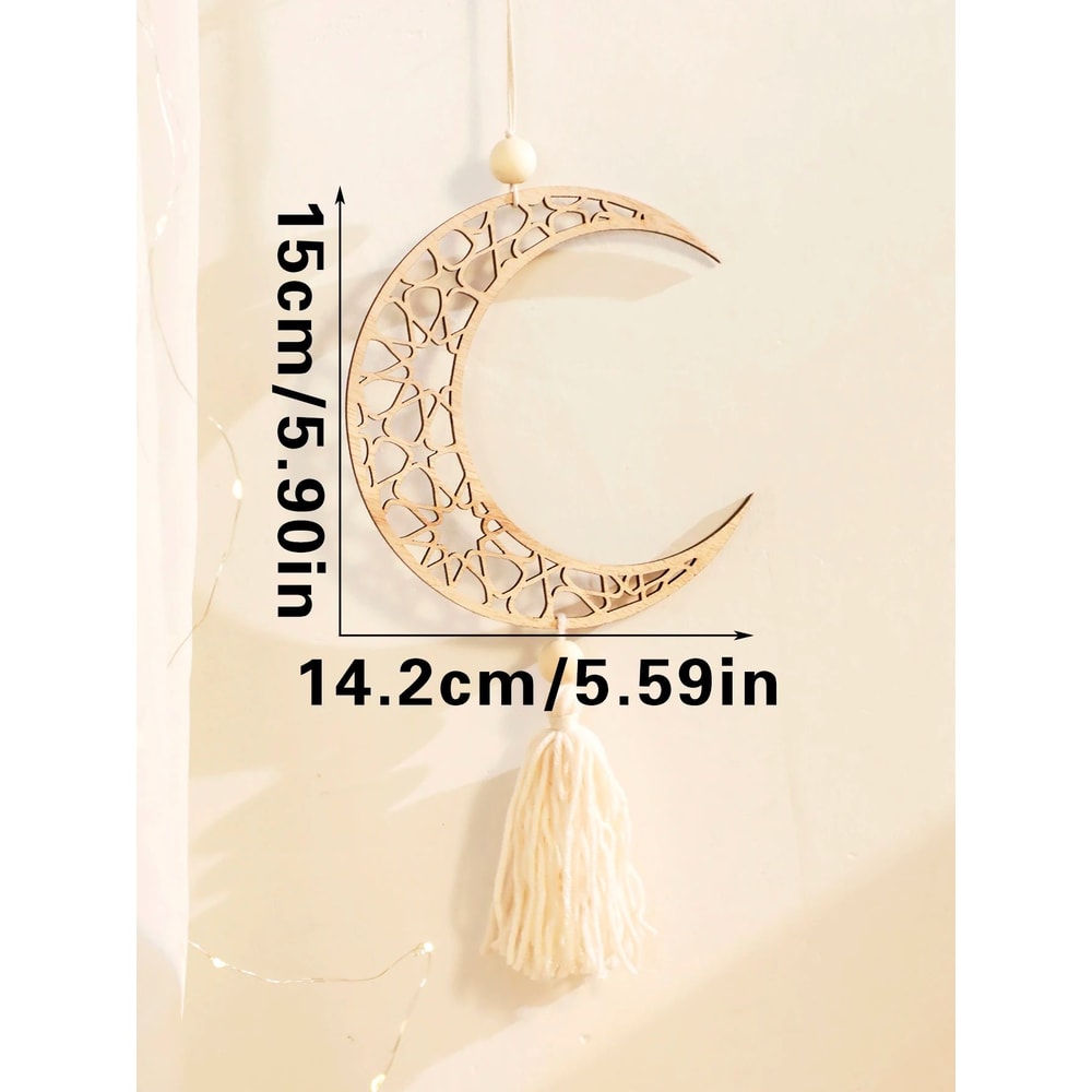 Wooden Ramadan Hanging Ornaments With Tassels Eid Mubarak Moon Decor For Islamic Home Gifts 7