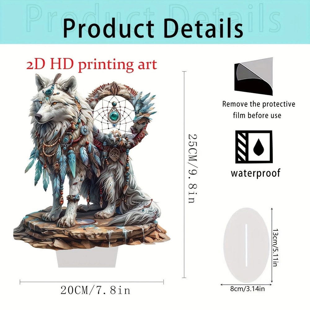 Majestic White Wolf Dream Catcher Desk Decor 10in Boho Acrylic Tabletop Sign For Home Office 5