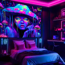 psychedelic mushroom girl tapestry – blacklight reactive wall hanging for bedroom & gaming room decor