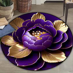 purple gold peony round area rug – washable non-slip polyester carpet for living room & bedroom decor