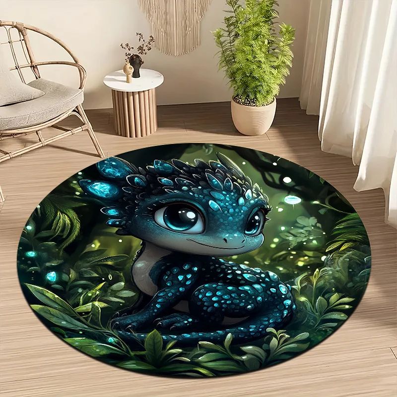 Cute Baby Dragon Jungle Round Rug NonSlip Flannel Carpet For Kids Room Home Decor 0