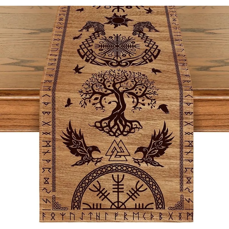 Vintage Viking Raven Helm Of Awe Linen Table Runner Nordic Mythology Dining Decor 0