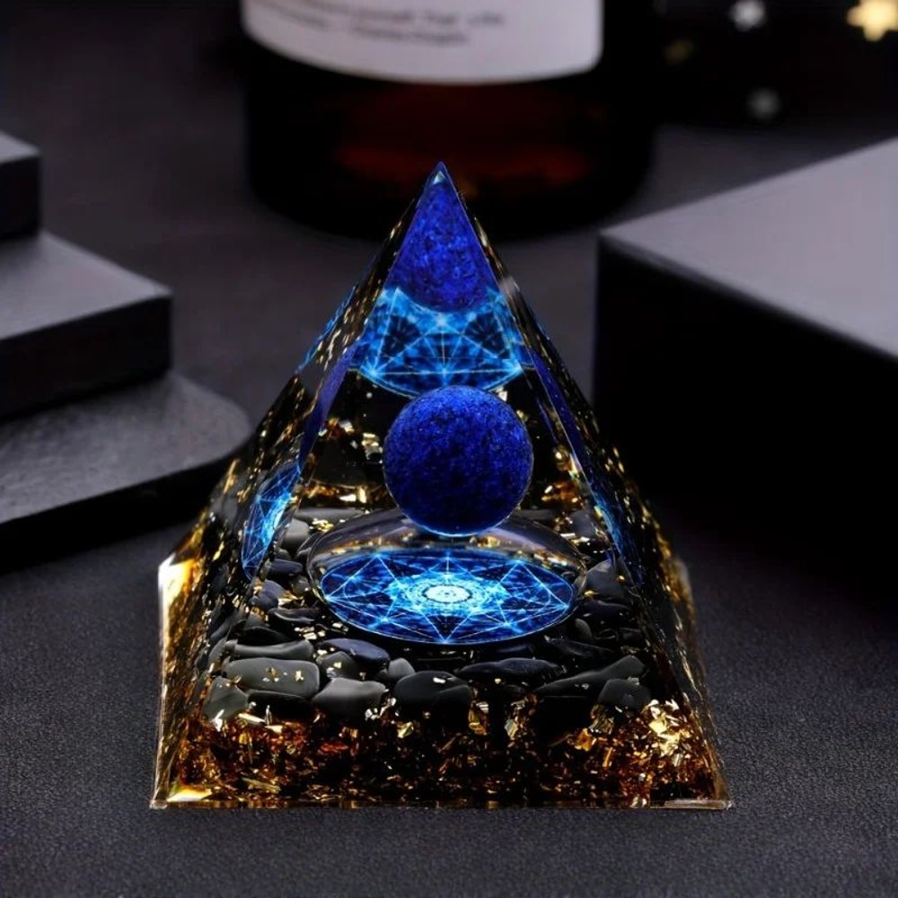 Luxury Lapis Lazuli Crystal Sphere Pyramid Set Elegant Geometric Home Decor With Gold Black Base 3