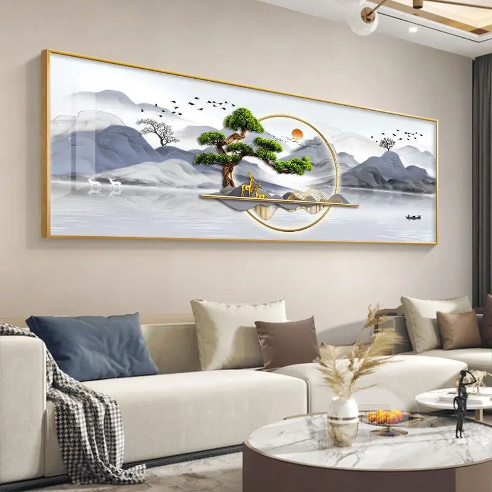 Chinese Golden Deer Canvas Wall Art Feng Shui Mountain Landscape Poster Unframed 2