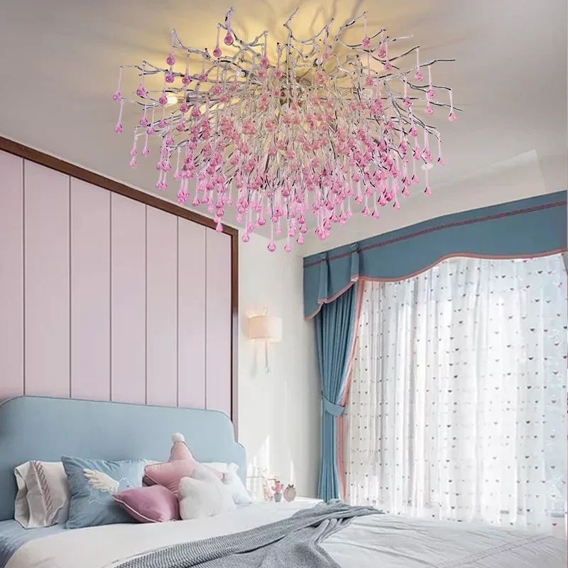 Modern Branch Crystal Chandelier Luxury Pink Blue Teardrop Hanging Ceiling Light 2