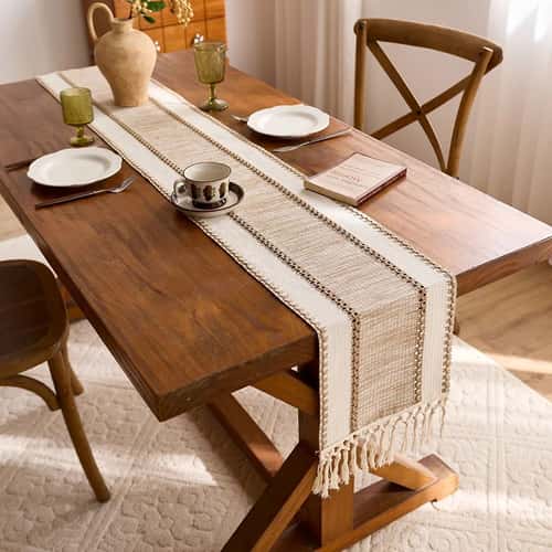 Nordic Boho Green Striped Table Runner with Tassels – Handwoven Rustic Decor for Dining & Coffee Tables