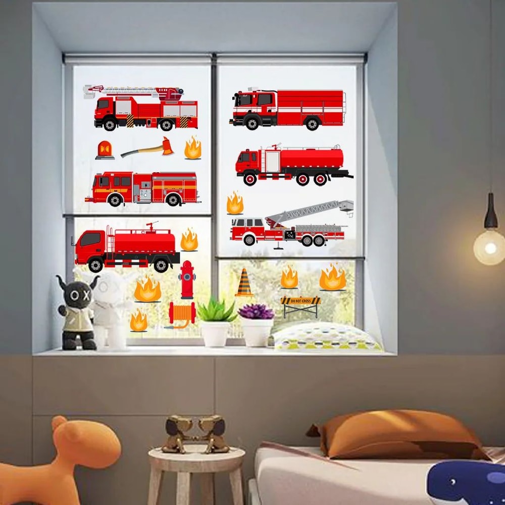 Kids Cartoon Fire Truck Wall Decal Stickers Removable Firetruck Mural For Bedroom Nursery Playroo 2
