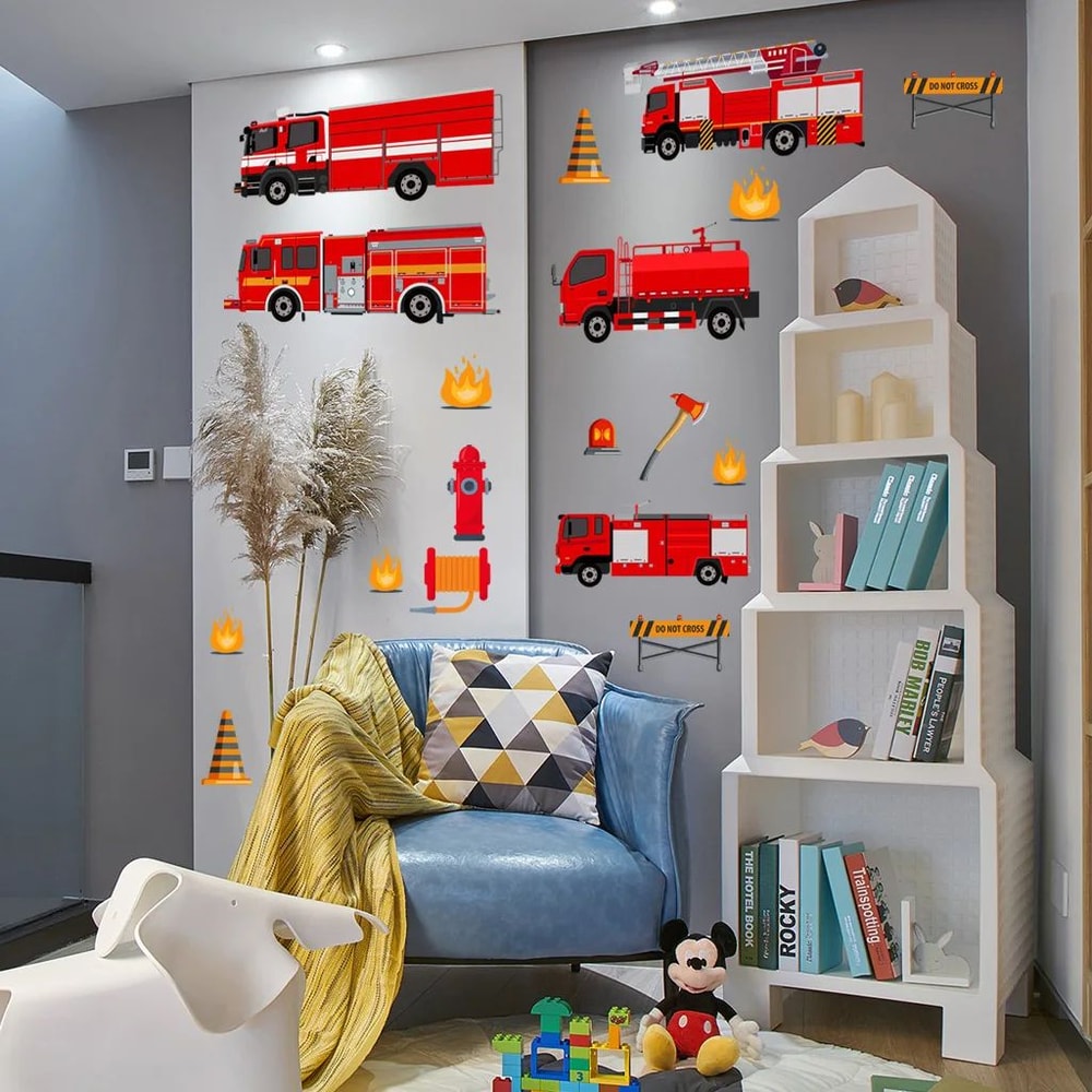 Kids Cartoon Fire Truck Wall Decal Stickers Removable Firetruck Mural For Bedroom Nursery Playroo 3