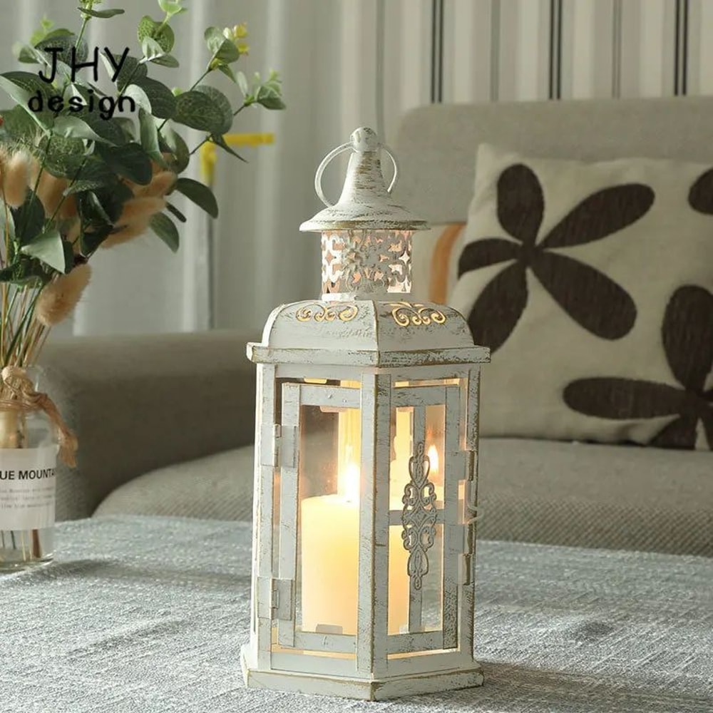 Vintage White Gold Metal Candle Lantern 10in Hanging Decorative Lantern For Indoor Outdoor Event 1
