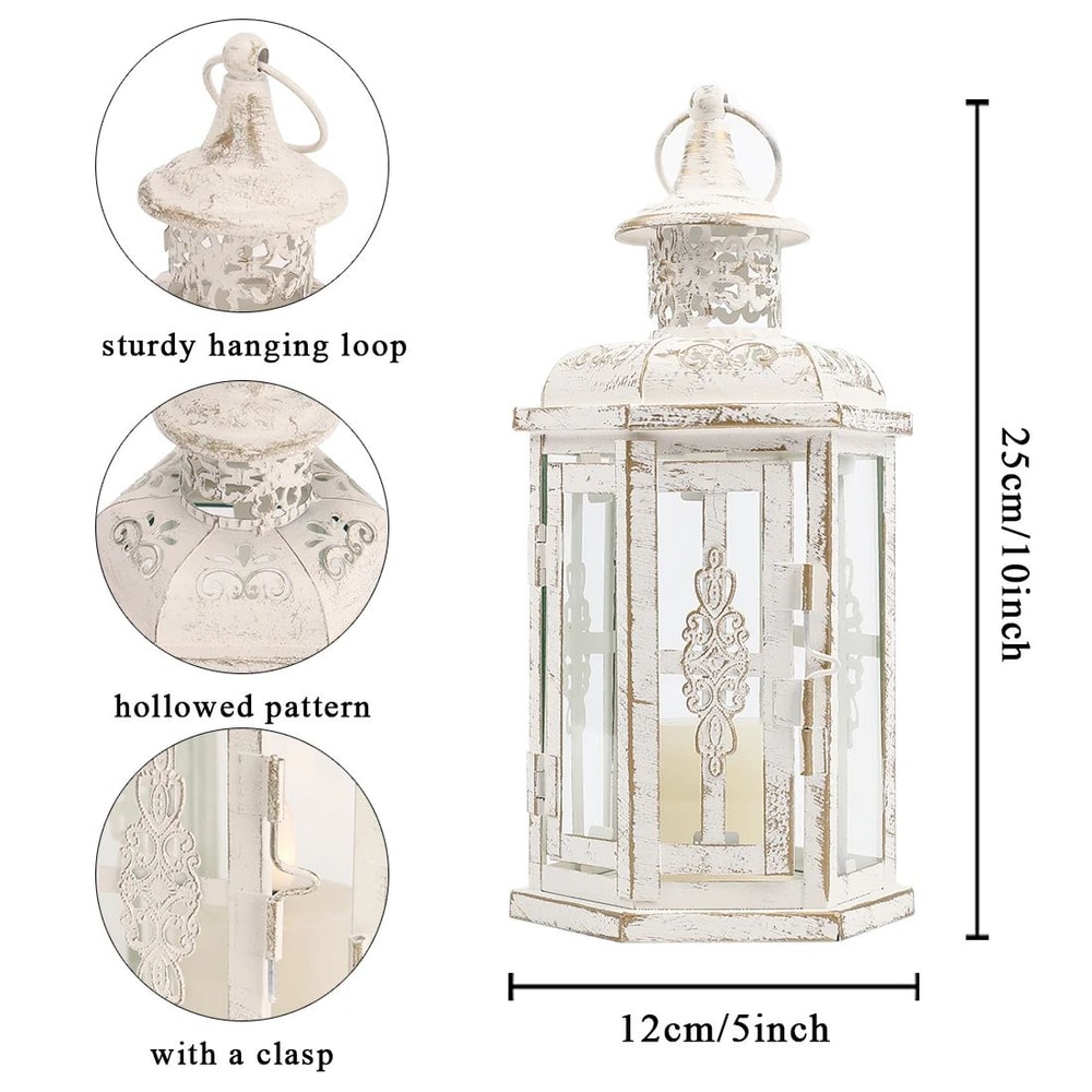 Vintage White Gold Metal Candle Lantern 10in Hanging Decorative Lantern For Indoor Outdoor Event 5