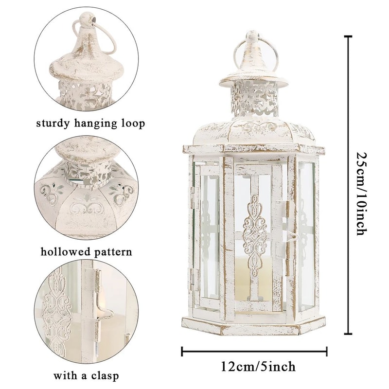 Vintage White Gold Metal Candle Lantern 10in Hanging Decorative Lantern For Indoor Outdoor Event 5