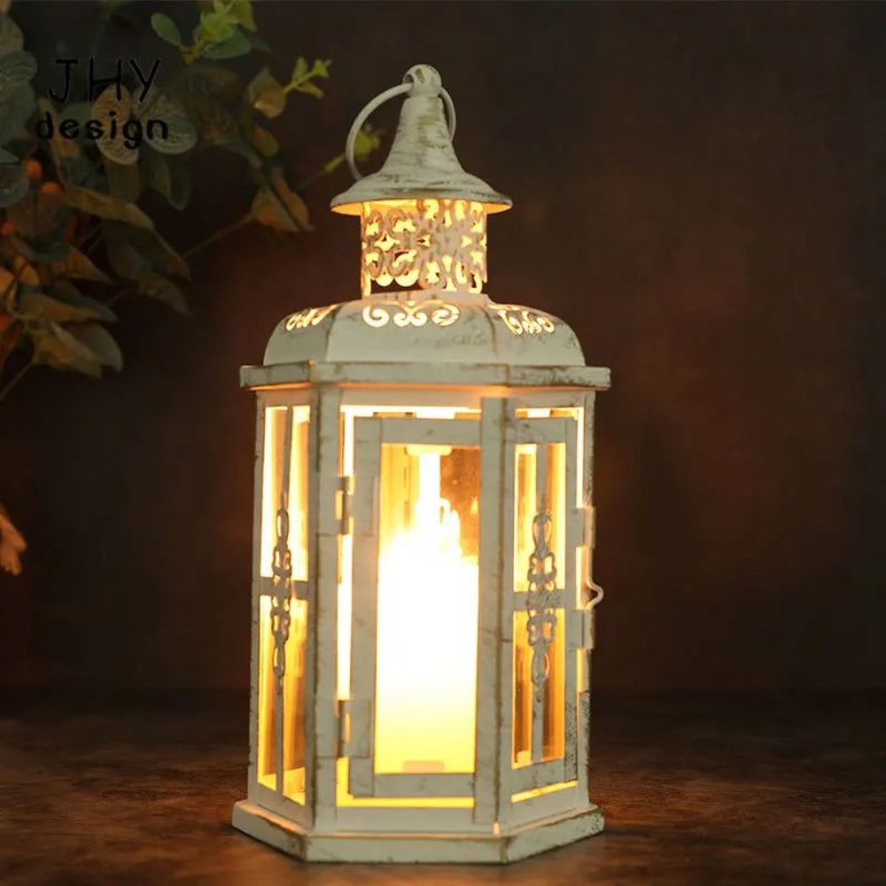 Vintage White Gold Metal Candle Lantern 10in Hanging Decorative Lantern For Indoor Outdoor Event 4