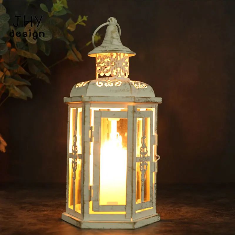 Vintage White Gold Metal Candle Lantern 10in Hanging Decorative Lantern For Indoor Outdoor Event 4