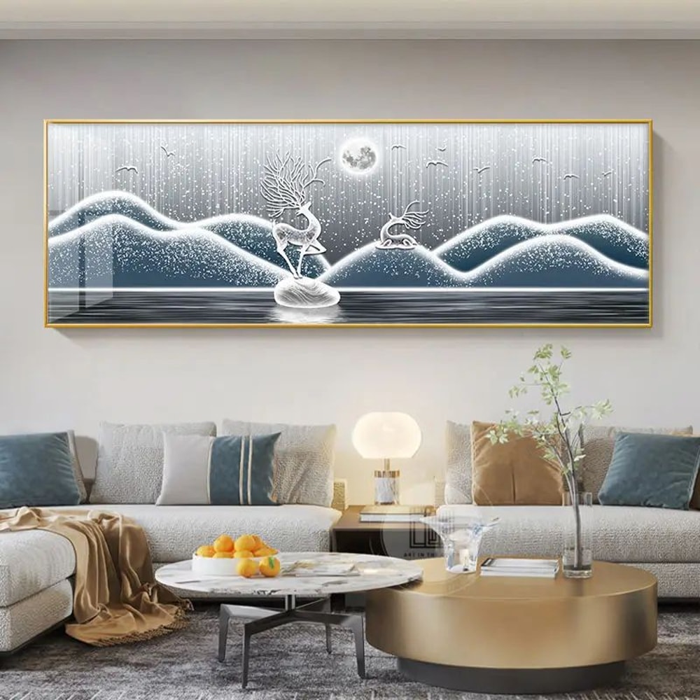 Chinese Golden Deer Canvas Wall Art Feng Shui Mountain Landscape Poster Unframed 15