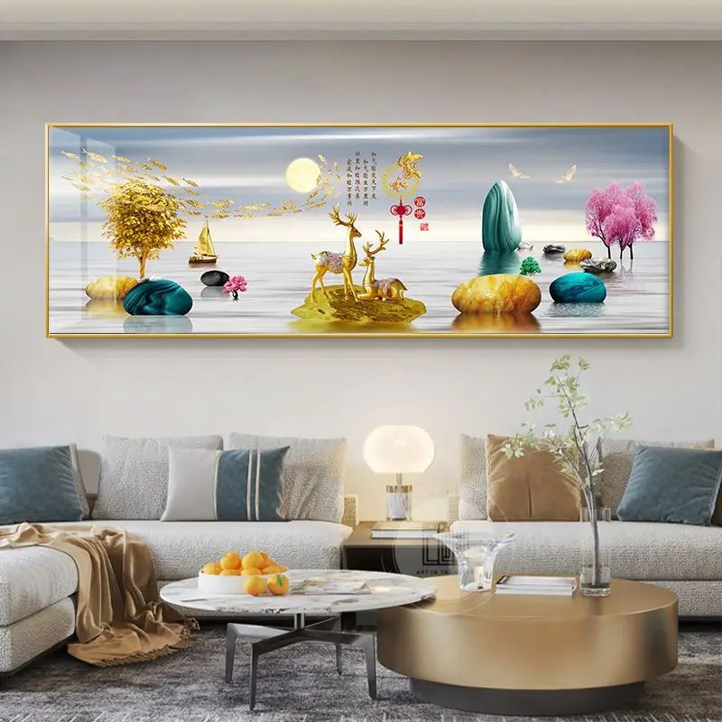 Chinese Golden Deer Canvas Wall Art Feng Shui Mountain Landscape Poster Unframed 23