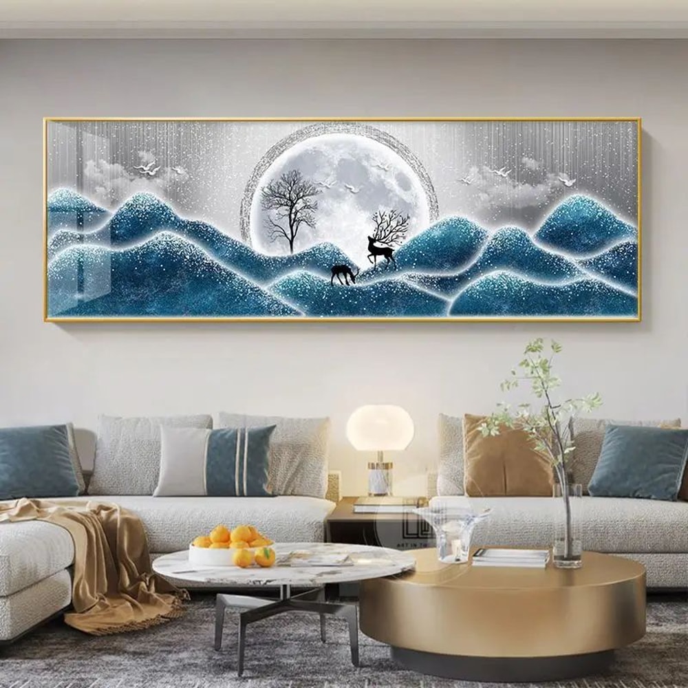 Chinese Golden Deer Canvas Wall Art Feng Shui Mountain Landscape Poster Unframed 24