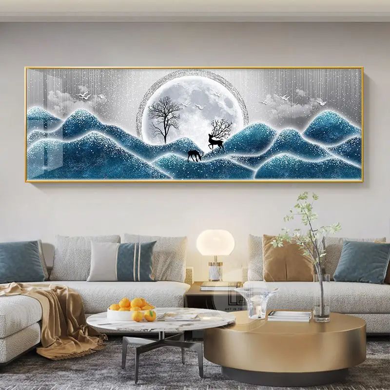 Chinese Golden Deer Canvas Wall Art Feng Shui Mountain Landscape Poster Unframed 24