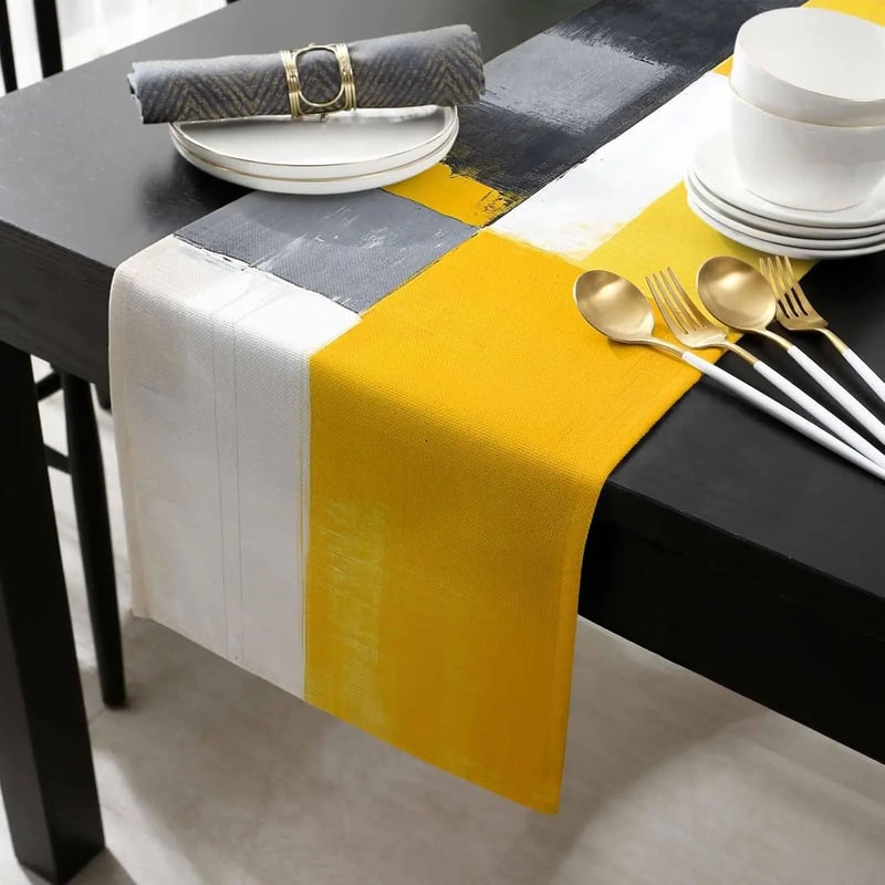 Abstract Geometric Linen Table Runner Modern Grey White Farmhouse Table Decor For Kitchen Dining 0