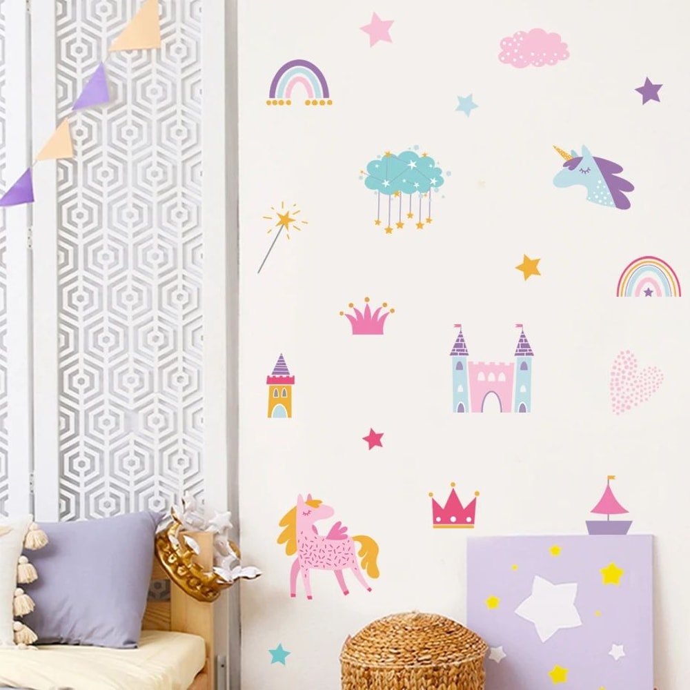 Watercolor Unicorn Fairy Wall Stickers Rainbow Animal Decals For Kids Nursery Room Decor 2