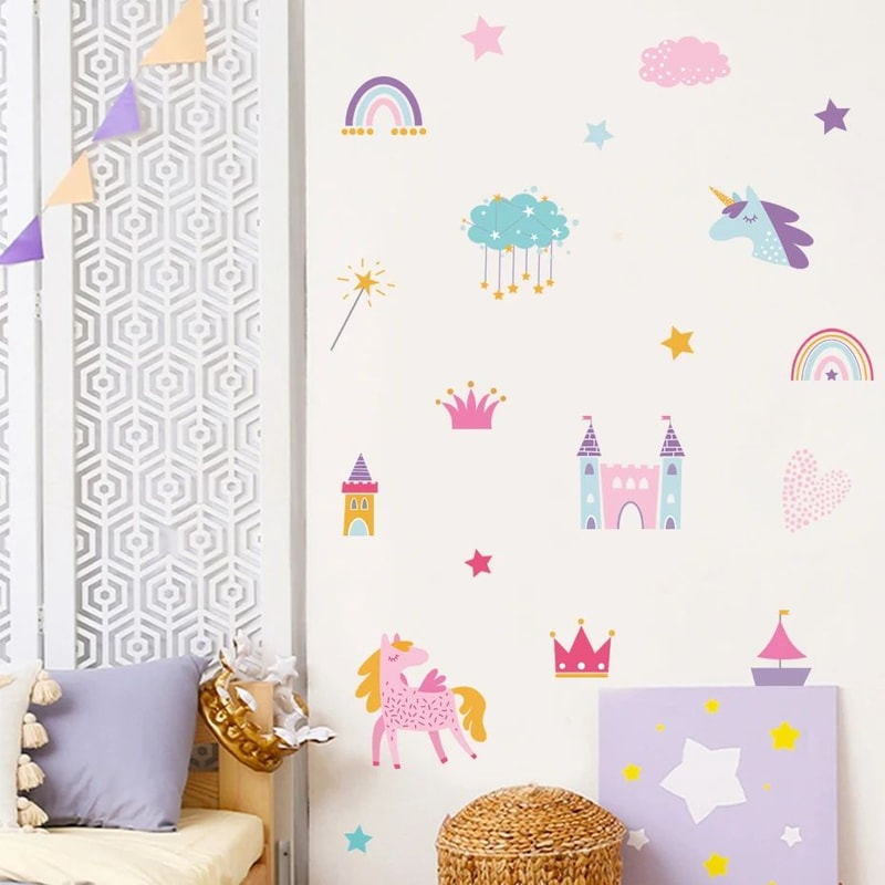 Watercolor Unicorn Fairy Wall Stickers Rainbow Animal Decals For Kids Nursery Room Decor 2