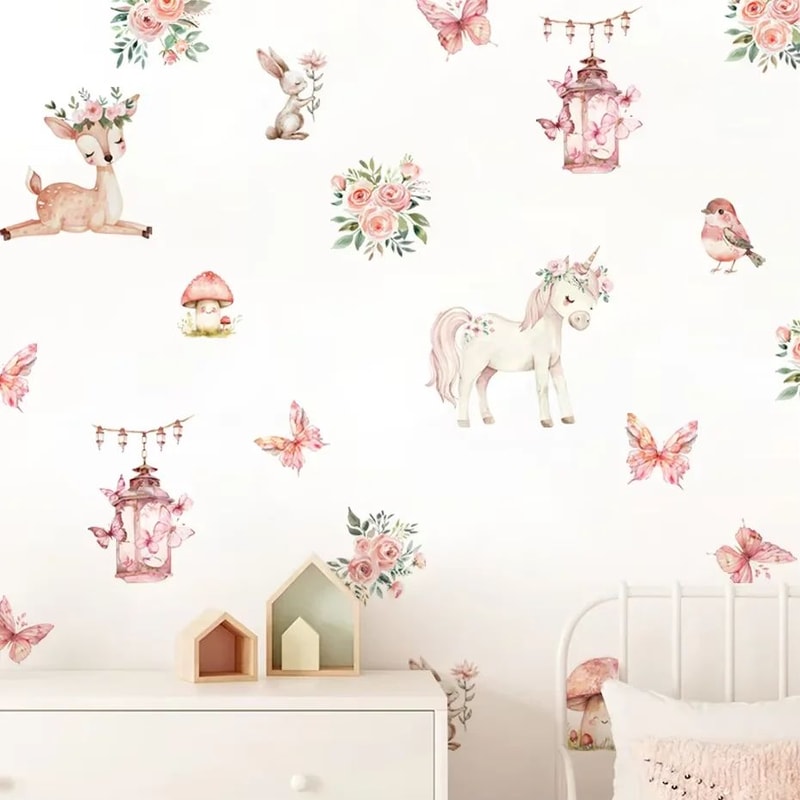 Watercolor Unicorn Fairy Wall Stickers Rainbow Animal Decals For Kids Nursery Room Decor 3