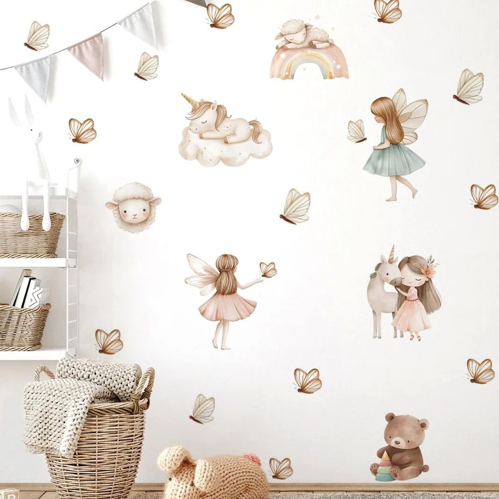 Watercolor Unicorn Fairy Wall Stickers Rainbow Animal Decals For Kids Nursery Room Decor 4