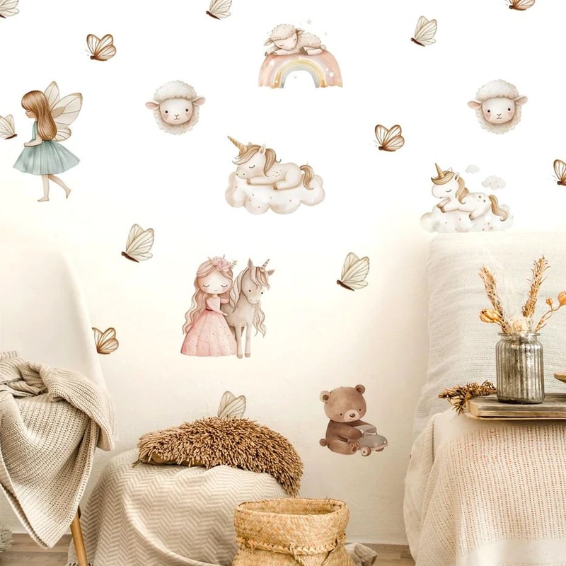 Watercolor Unicorn Fairy Wall Stickers Rainbow Animal Decals For Kids Nursery Room Decor 5