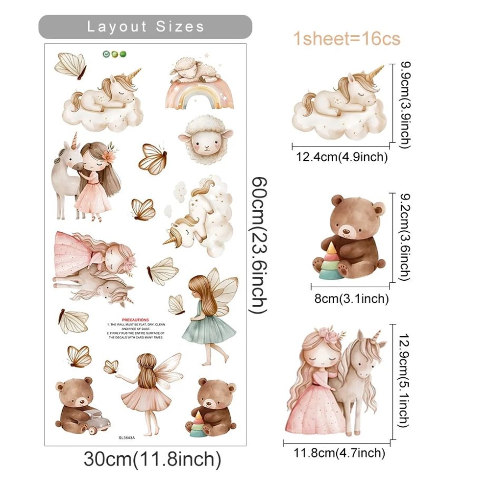 Watercolor Unicorn Fairy Wall Stickers Rainbow Animal Decals For Kids Nursery Room Decor 7