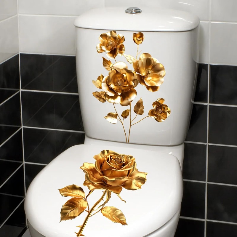 Golden Flower Toilet Lid Sticker Waterproof Vinyl Bathroom Decor Decal 7