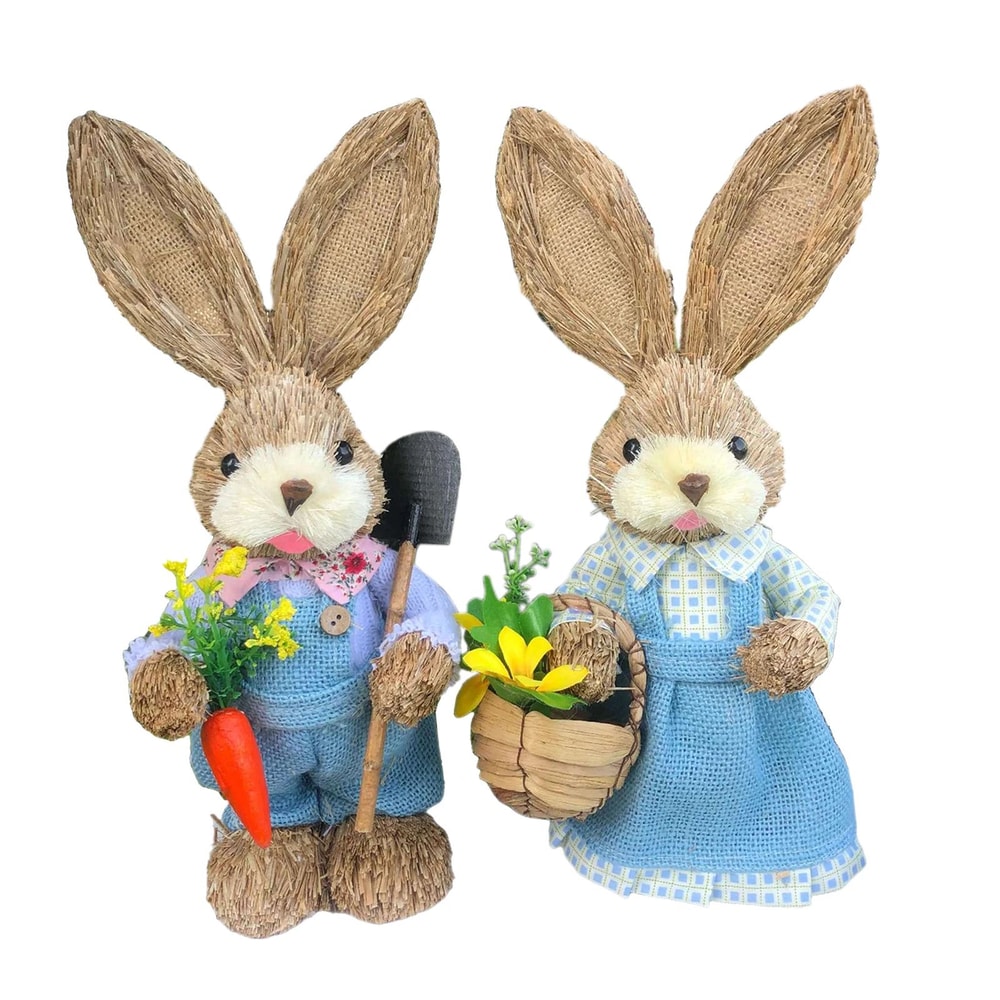 Straw Easter Bunny Figurine Set 14in Spring Rabbit Decor For Home Garden 3