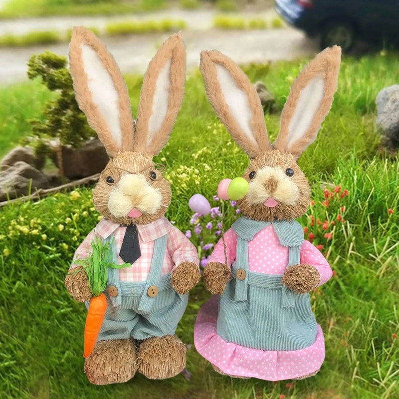 Straw Easter Bunny Figurine Set 14in Spring Rabbit Decor For Home Garden 4