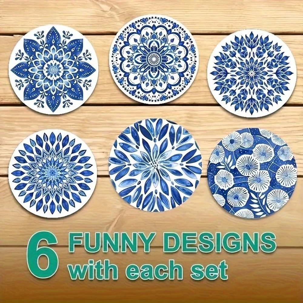 Celadon Floral Wooden Coasters Set 6pcs HeatResistant Coffee Cup Mats For Home Office 0