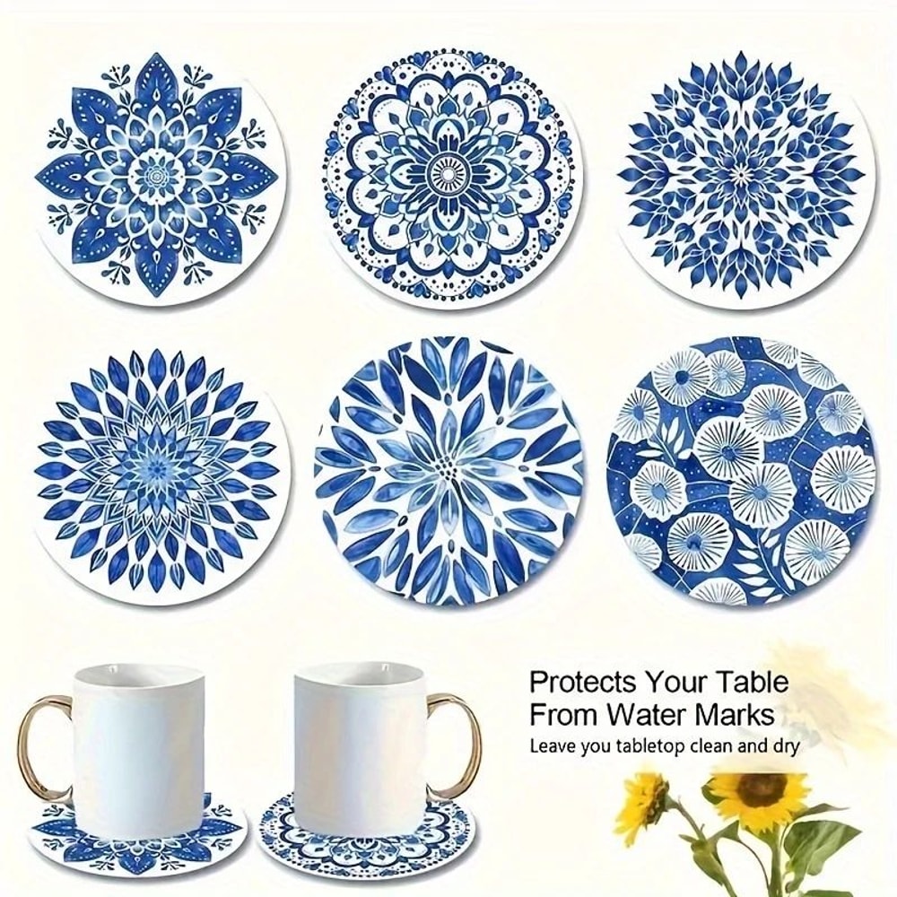 Celadon Floral Wooden Coasters Set 6pcs HeatResistant Coffee Cup Mats For Home Office 1