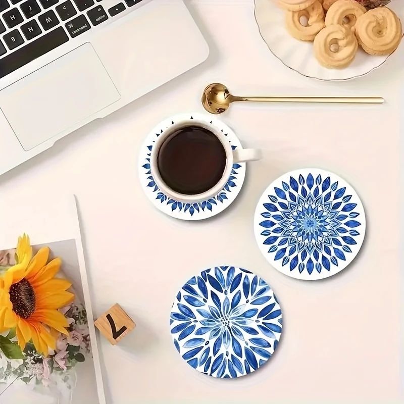 Celadon Floral Wooden Coasters Set 6pcs HeatResistant Coffee Cup Mats For Home Office 2